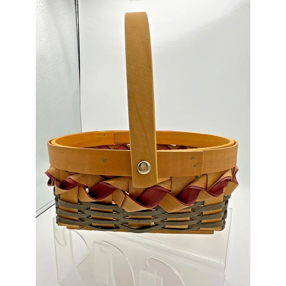 Vintage Handwoven Wood Basket‎ w/ Burgundy Ribbon Trim – 8x7 Oval Carry Basket